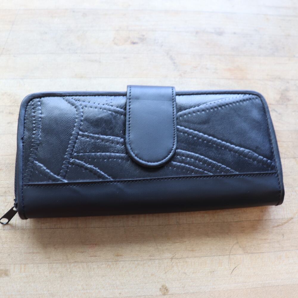 Vtg Patch Leather Wallet Women Black Clutch Cards Cash Calculator Checkbo